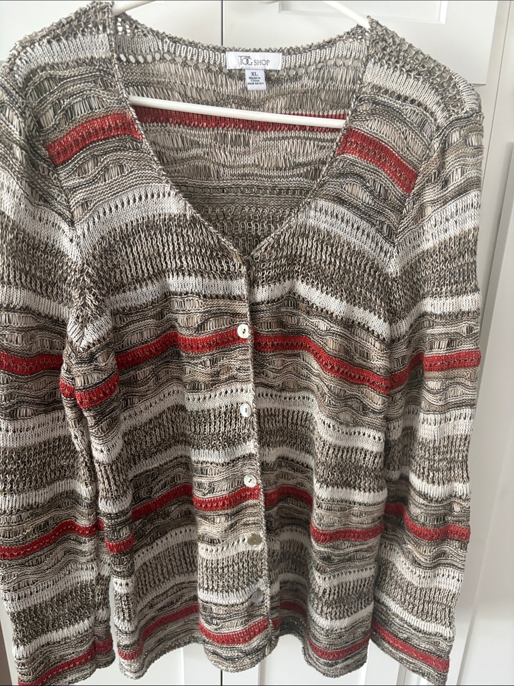 Striped Open-Knit Cardigan with Rust Accent